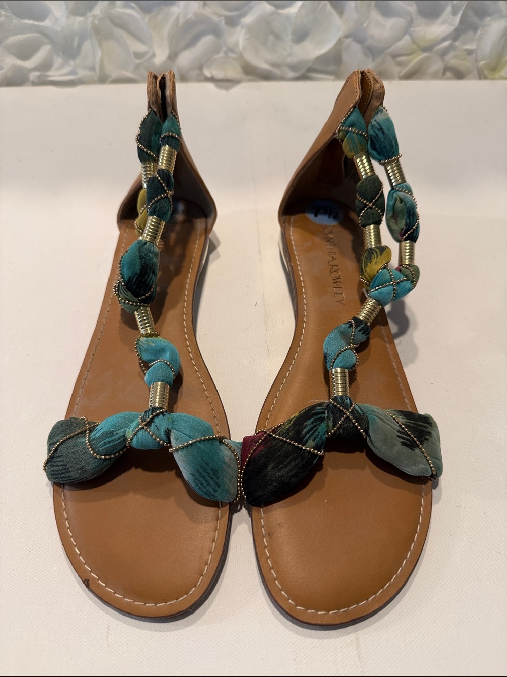 Cynthia Rowley Teal Braided T-Strap Flat Sandals